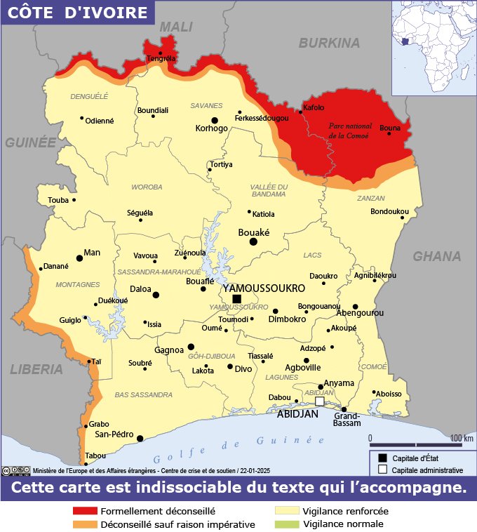 Risques-à-connaître-avant-de-voyager en-Côte d'Ivoire-risques-terroristes- map-zones